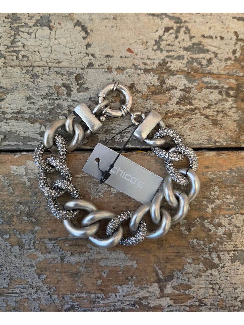 Chico's Silver Tone Chunky Chain Bracelet with Textured Links